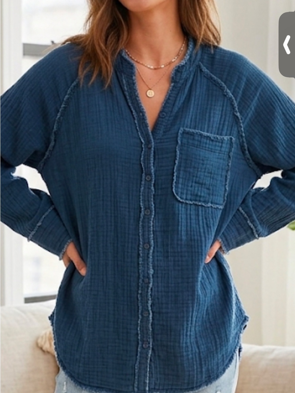 aerie Navy Washed Gauze Button-Front Shirt 100% Cotton 25” PTP - Picture 2 of 7
